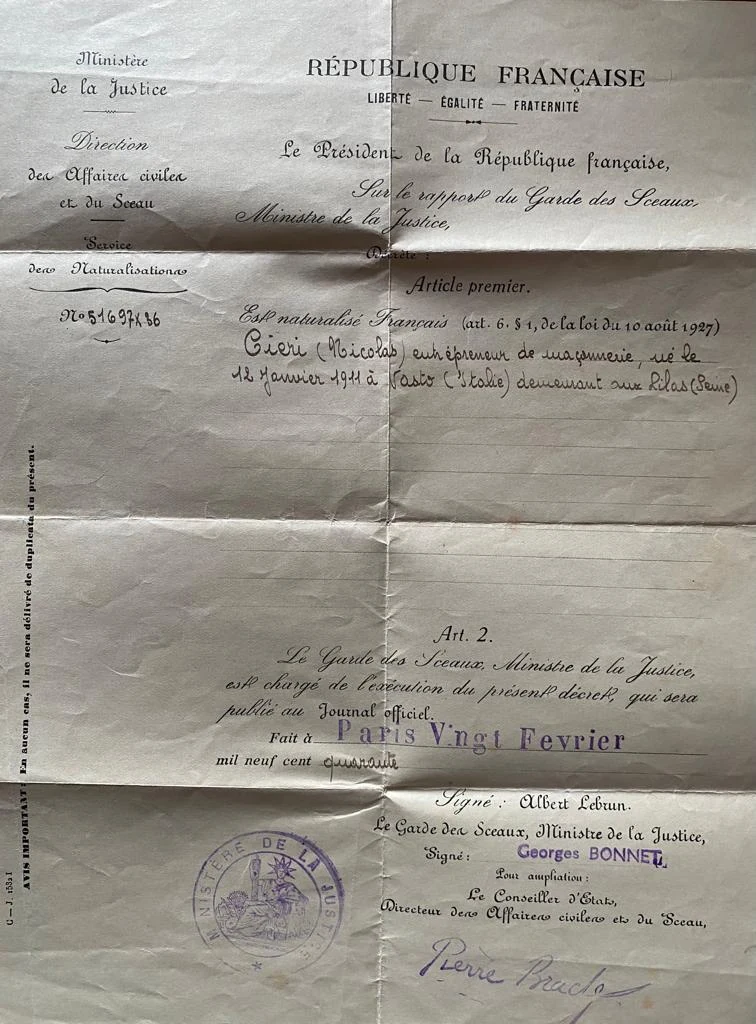 Décret de naturalisation, Paris, 20 février 1940